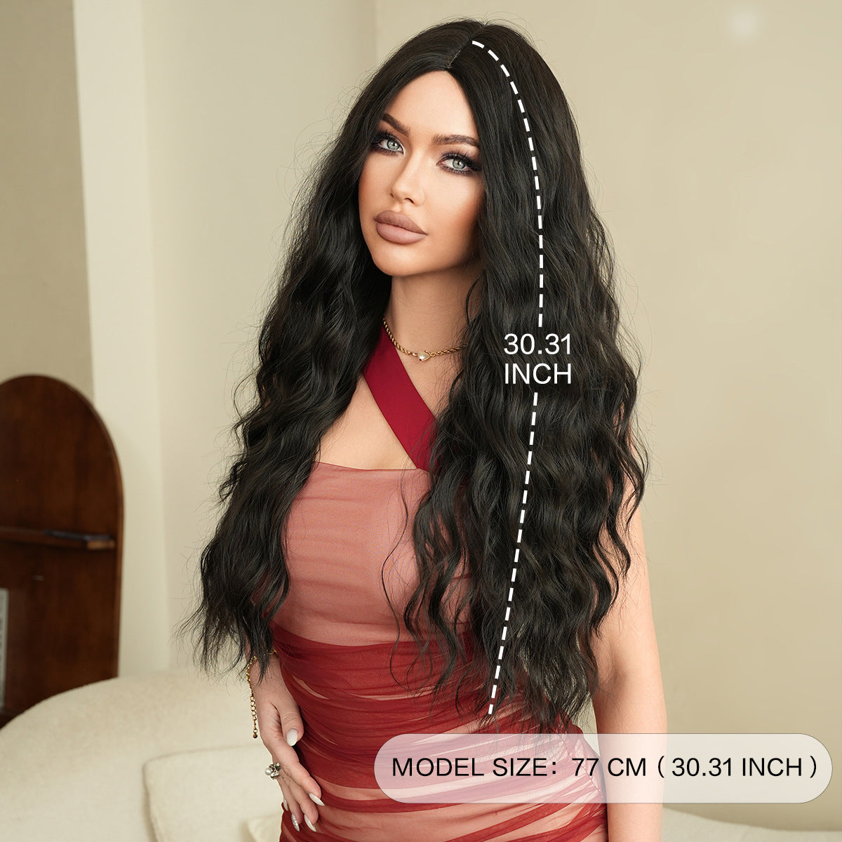 Tan Midnight Black Long Curly Wig - Stage Performance (Middle Part) (FEVERCOS)