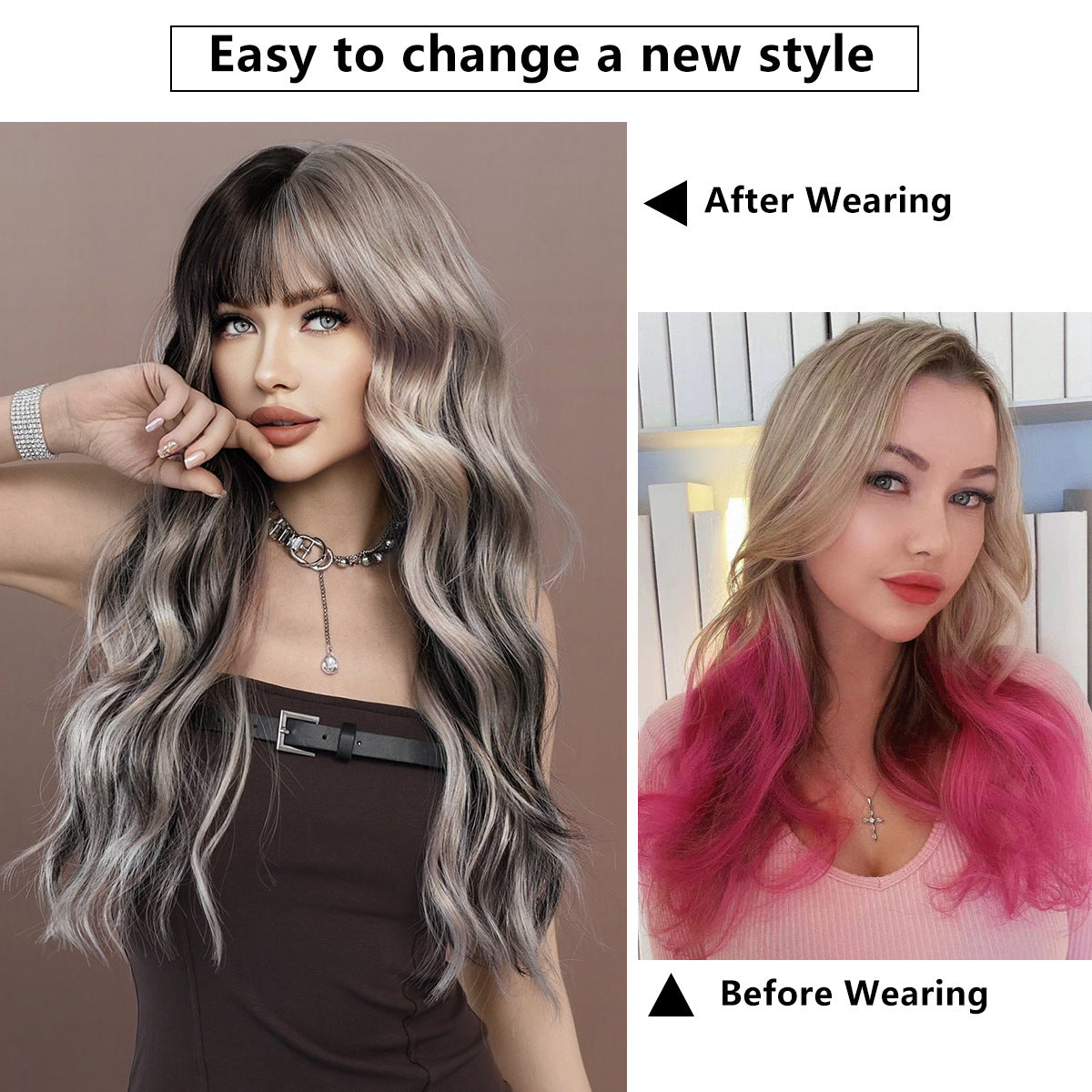 White Smoke Ash Grey Wavy Wig with Bangs - Street Fashion (Silver Highlights) (FEVERCOS)