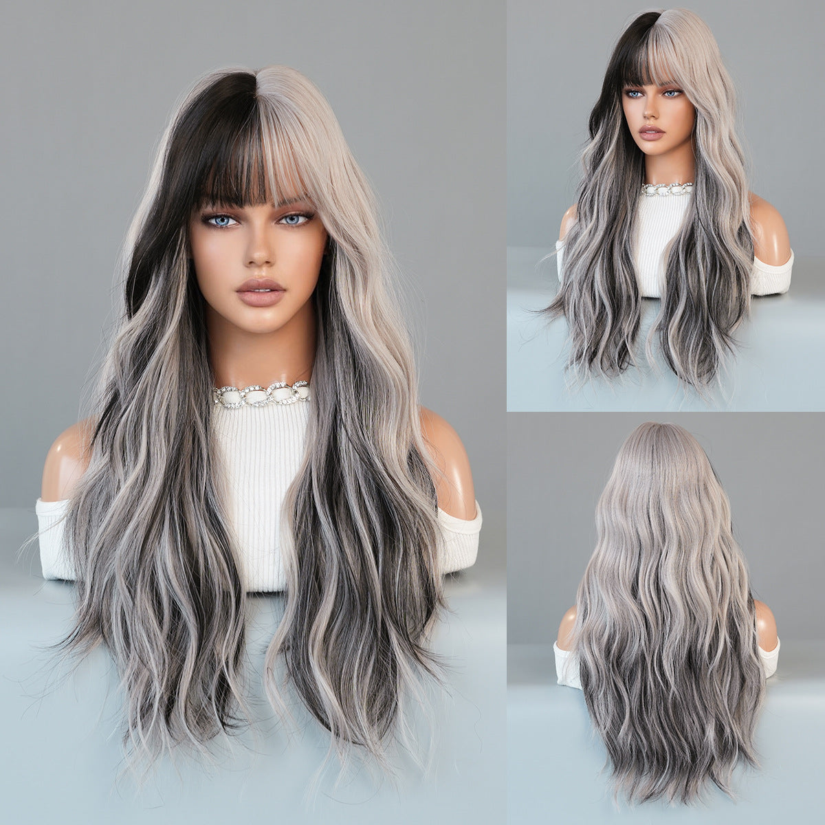 Dark Gray Ash Grey Wavy Wig with Bangs - Street Fashion (Silver Highlights) (FEVERCOS)