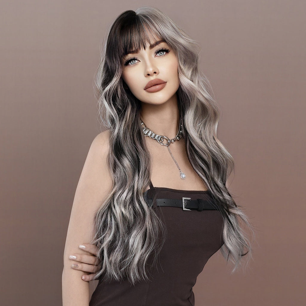 Light Slate Gray Ash Grey Wavy Wig with Bangs - Street Fashion (Silver Highlights) (FEVERCOS)