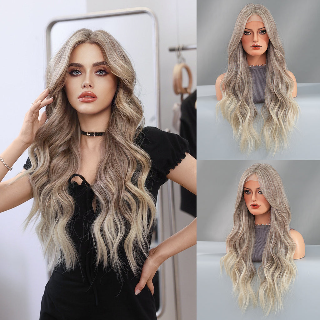 Dark Gray Milk Tea Brown Wavy Lace Wig - Elite Lace Fronts (T-Part Curtain Bangs) (FEVERCOS)