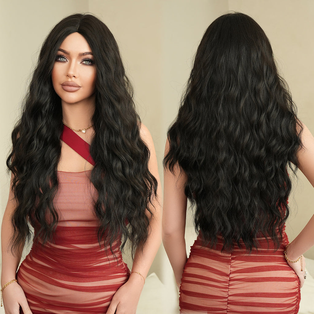 Black Midnight Black Long Curly Wig - Stage Performance (Middle Part) (FEVERCOS)