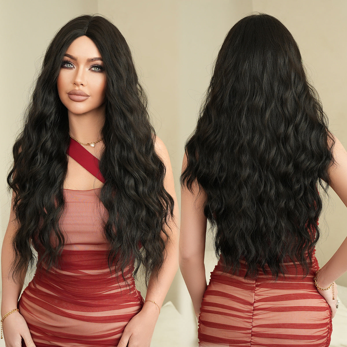 Black Midnight Black Long Curly Wig - Stage Performance (Middle Part) (FEVERCOS)