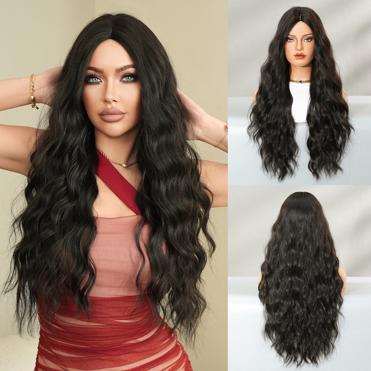 Tan Midnight Black Long Curly Wig - Stage Performance (Middle Part) (FEVERCOS)