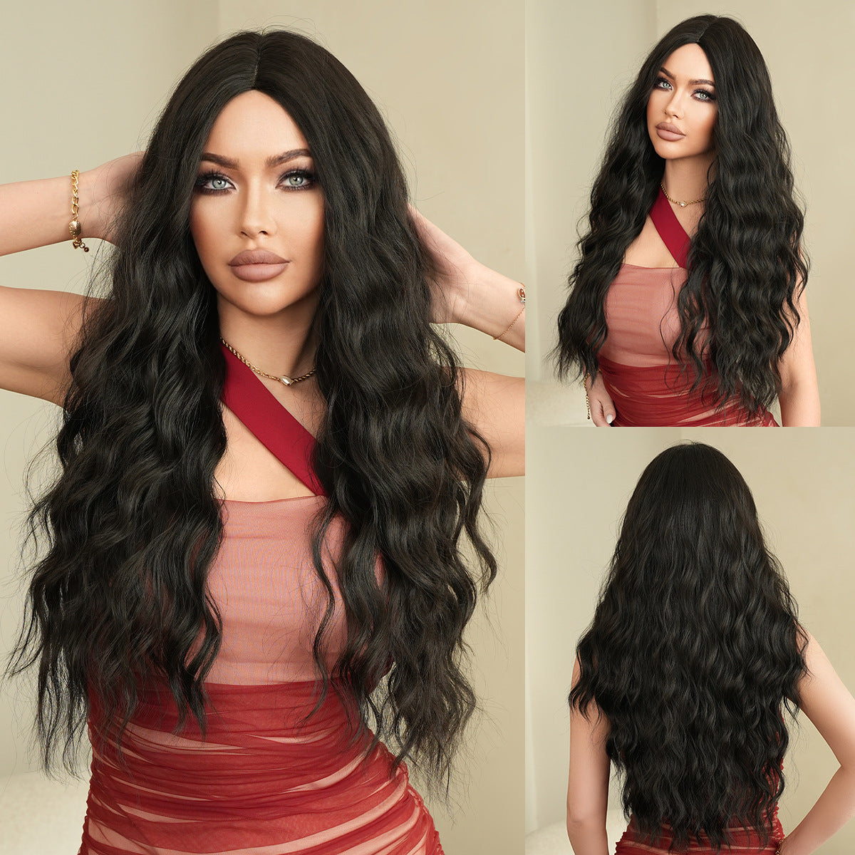 Tan Midnight Black Long Curly Wig - Stage Performance (Middle Part) (FEVERCOS)