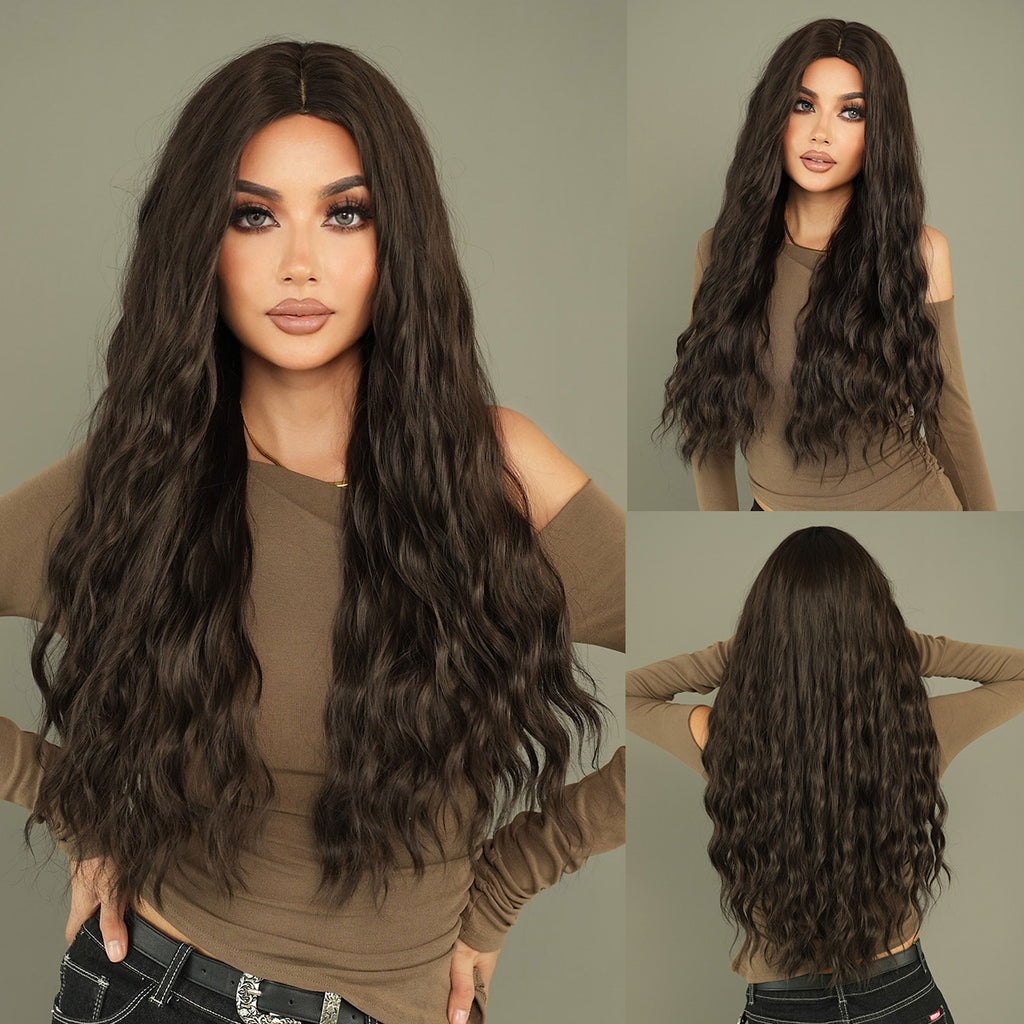 Dark Sea Green Midnight Black Body Wave Wig - Everyday Fashion (Long Middle Part) (FEVERCOS)