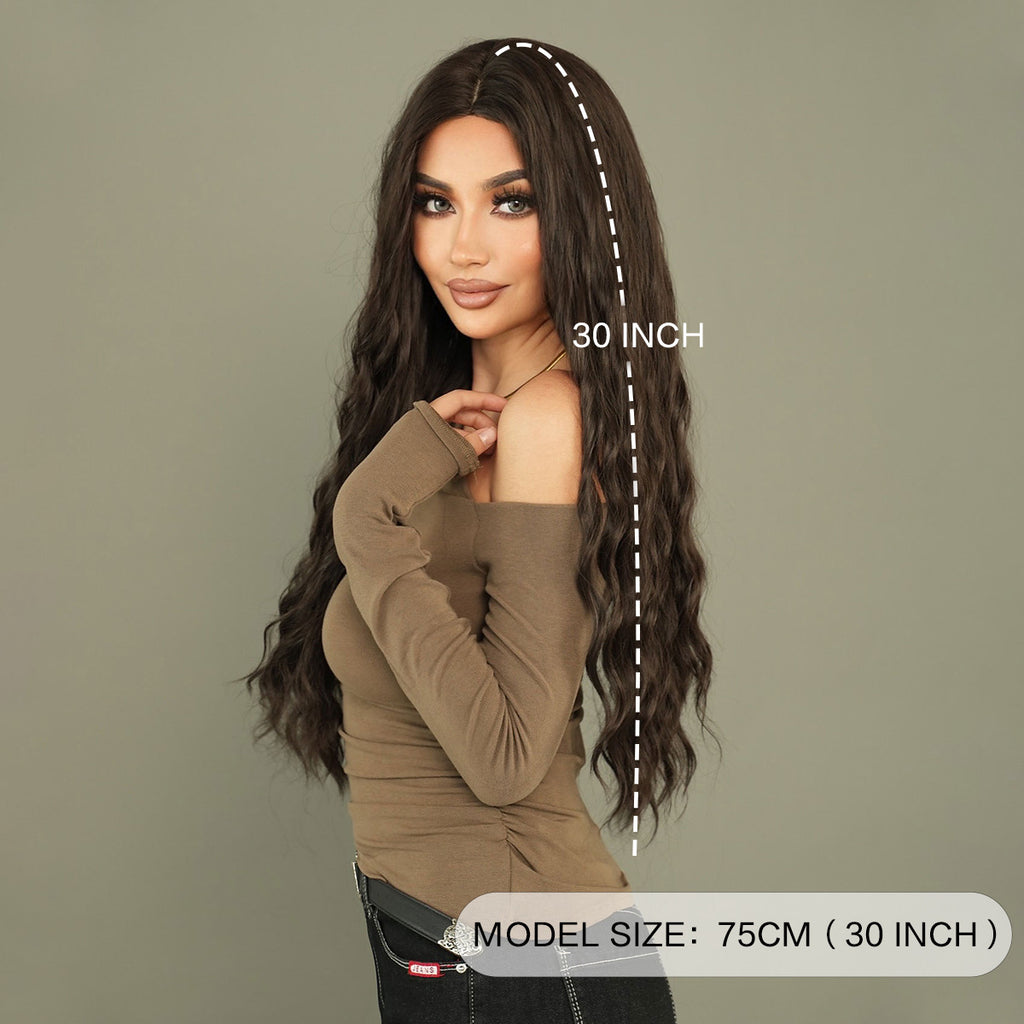 Dark Sea Green Midnight Black Body Wave Wig - Everyday Fashion (Long Middle Part) (FEVERCOS)