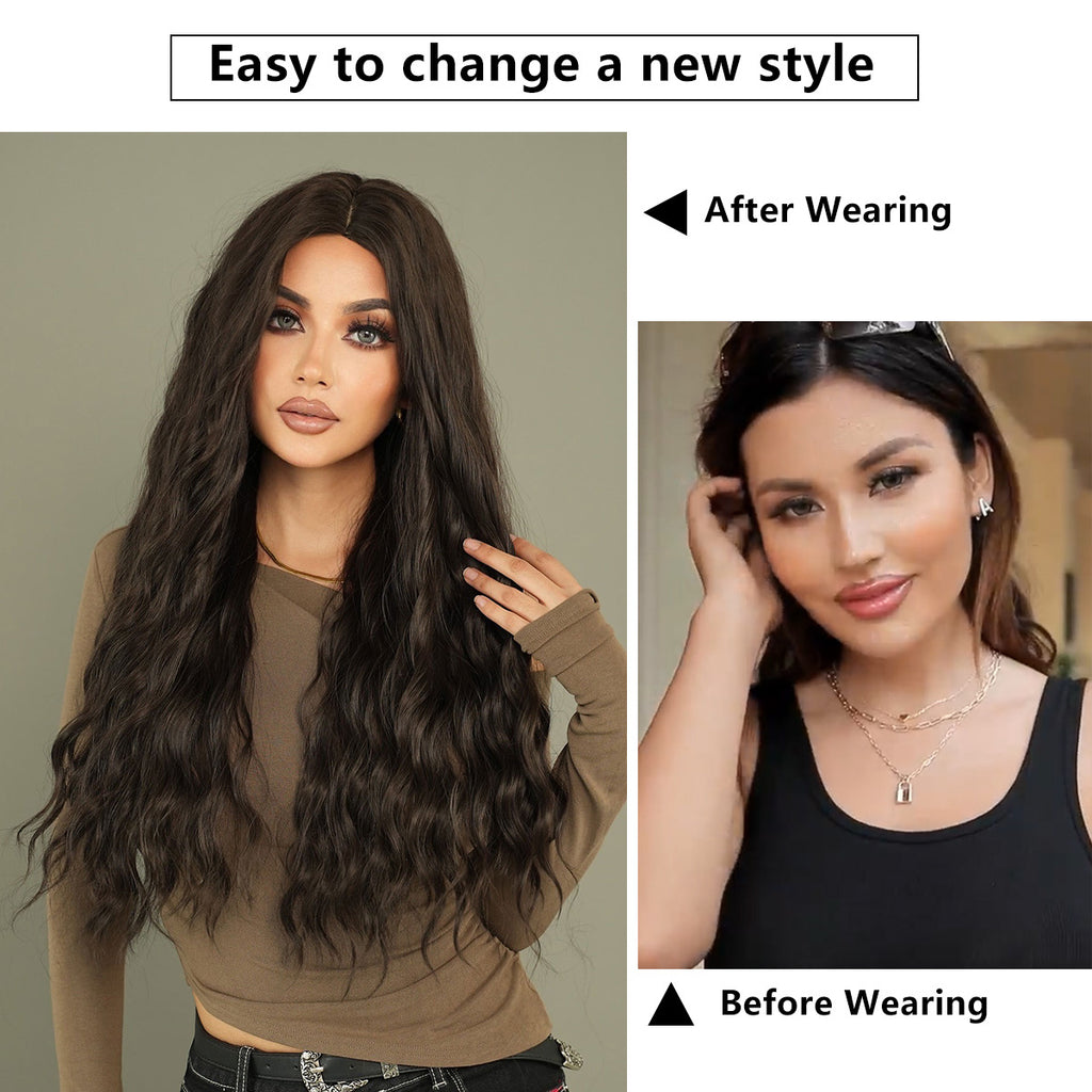White Smoke Midnight Black Body Wave Wig - Everyday Fashion (Long Middle Part) (FEVERCOS)