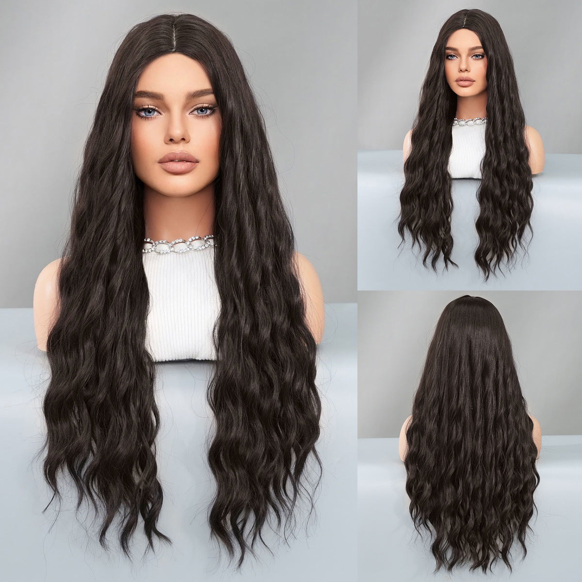 Gray Midnight Black Body Wave Wig - Everyday Fashion (Long Middle Part) (FEVERCOS)