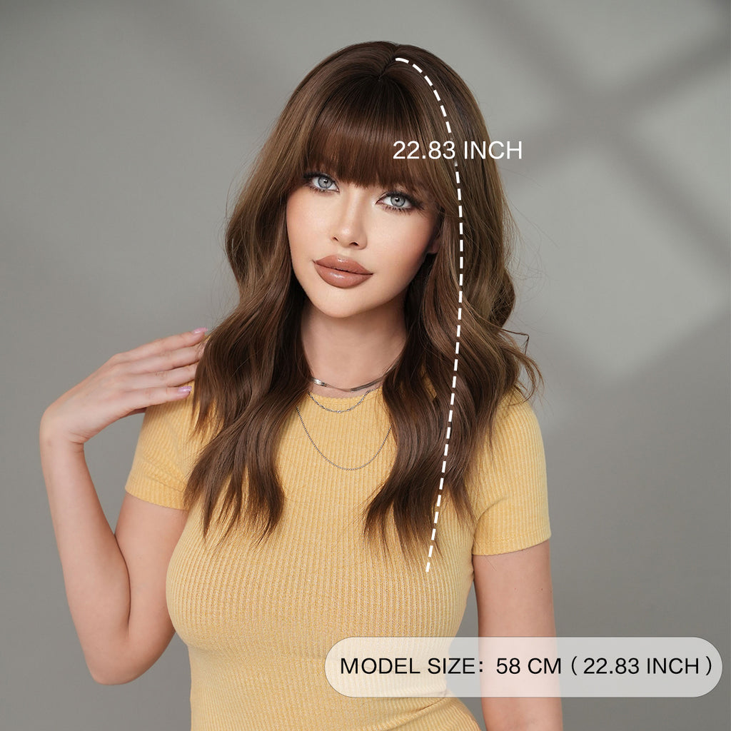Light Slate Gray Chestnut Brown Wavy Wig - Everyday Fashion (Mid-Length Fluffy Bangs) (FEVERCOS)