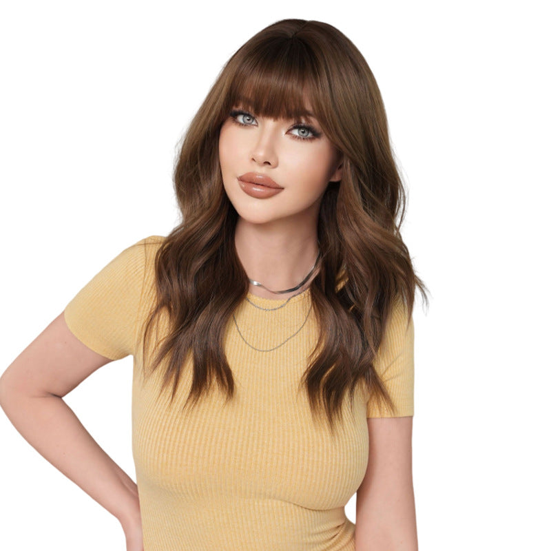 White Smoke Chestnut Brown Wavy Wig - Everyday Fashion (Mid-Length Fluffy Bangs) (FEVERCOS)
