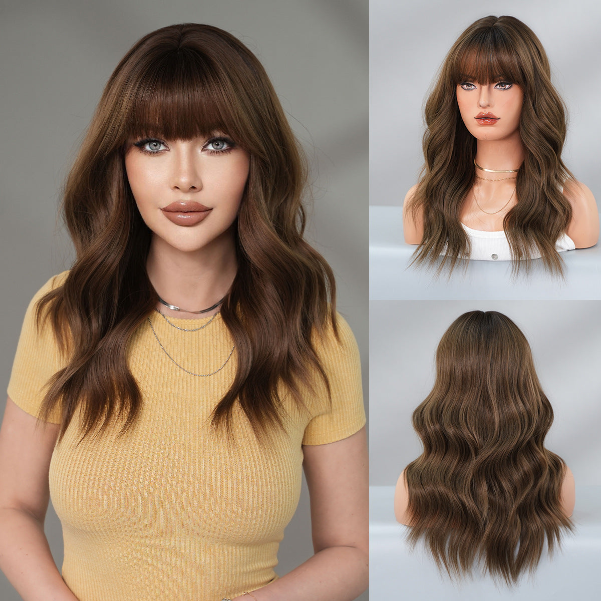 Gray Chestnut Brown Wavy Wig - Everyday Fashion (Mid-Length Fluffy Bangs) (FEVERCOS)