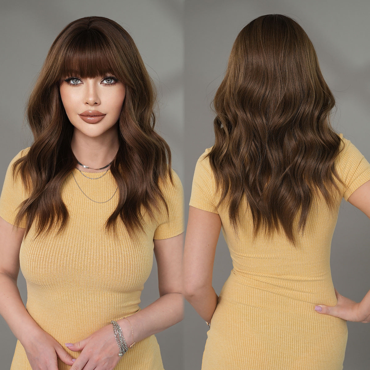 Tan Chestnut Brown Wavy Wig - Everyday Fashion (Mid-Length Fluffy Bangs) (FEVERCOS)