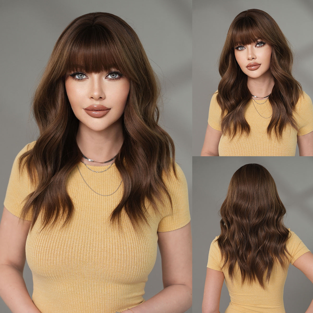 Light Slate Gray Chestnut Brown Wavy Wig - Everyday Fashion (Mid-Length Fluffy Bangs) (FEVERCOS)