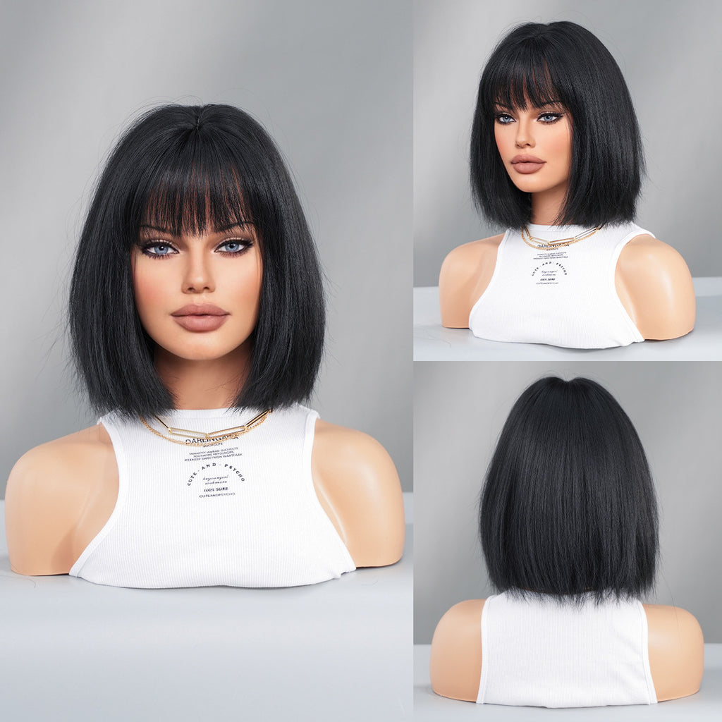 Gray Yaki Black Bob Wig - Street Fashion (Straight Short with Bangs) (FEVERCOS)