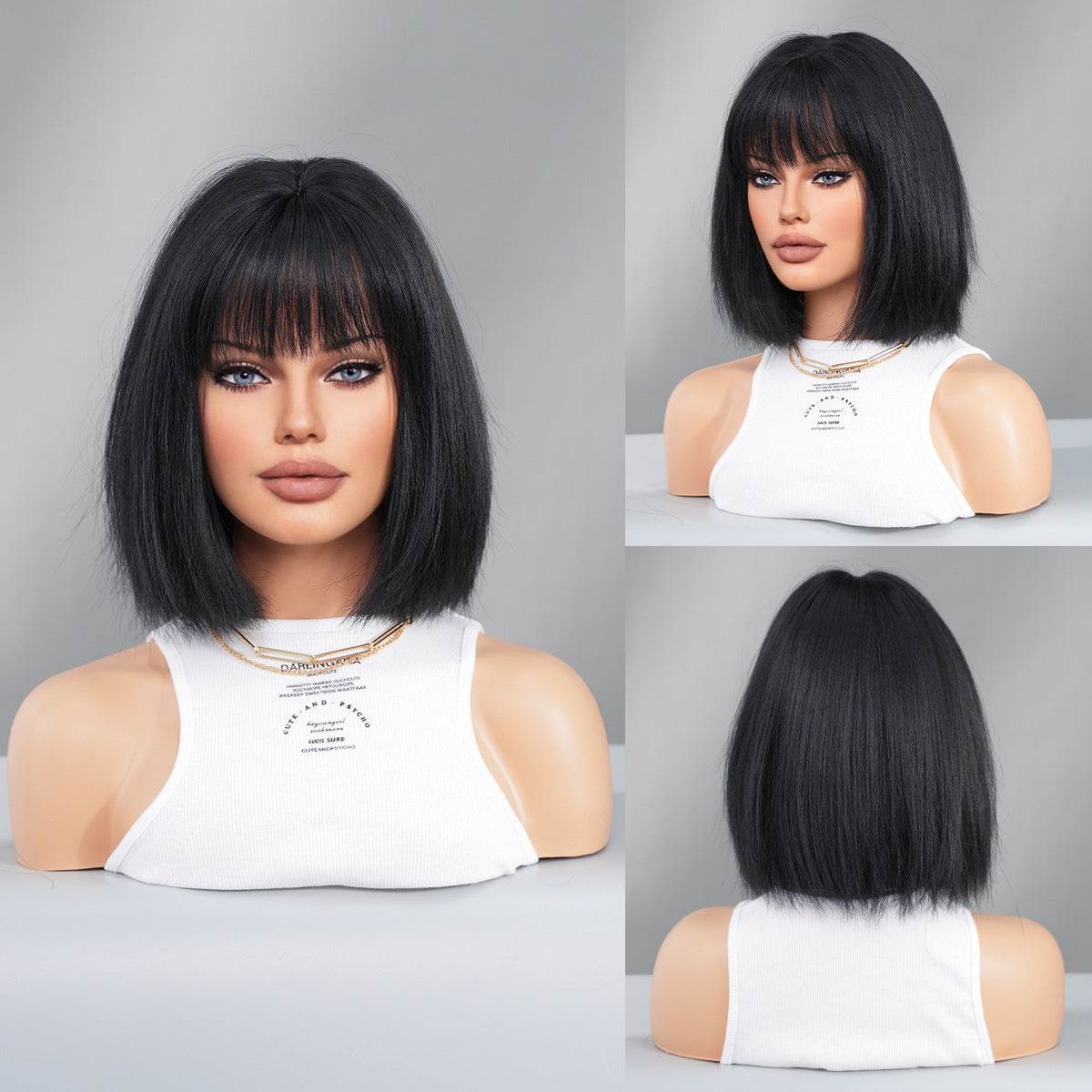 Gray Yaki Black Bob Wig - Street Fashion (Straight Short with Bangs) (FEVERCOS)