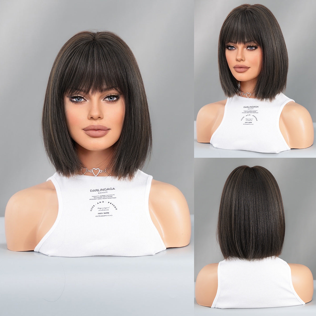 Dark Gray Yaki Black Bob Wig - Street Fashion (Straight Short with Bangs) (FEVERCOS)