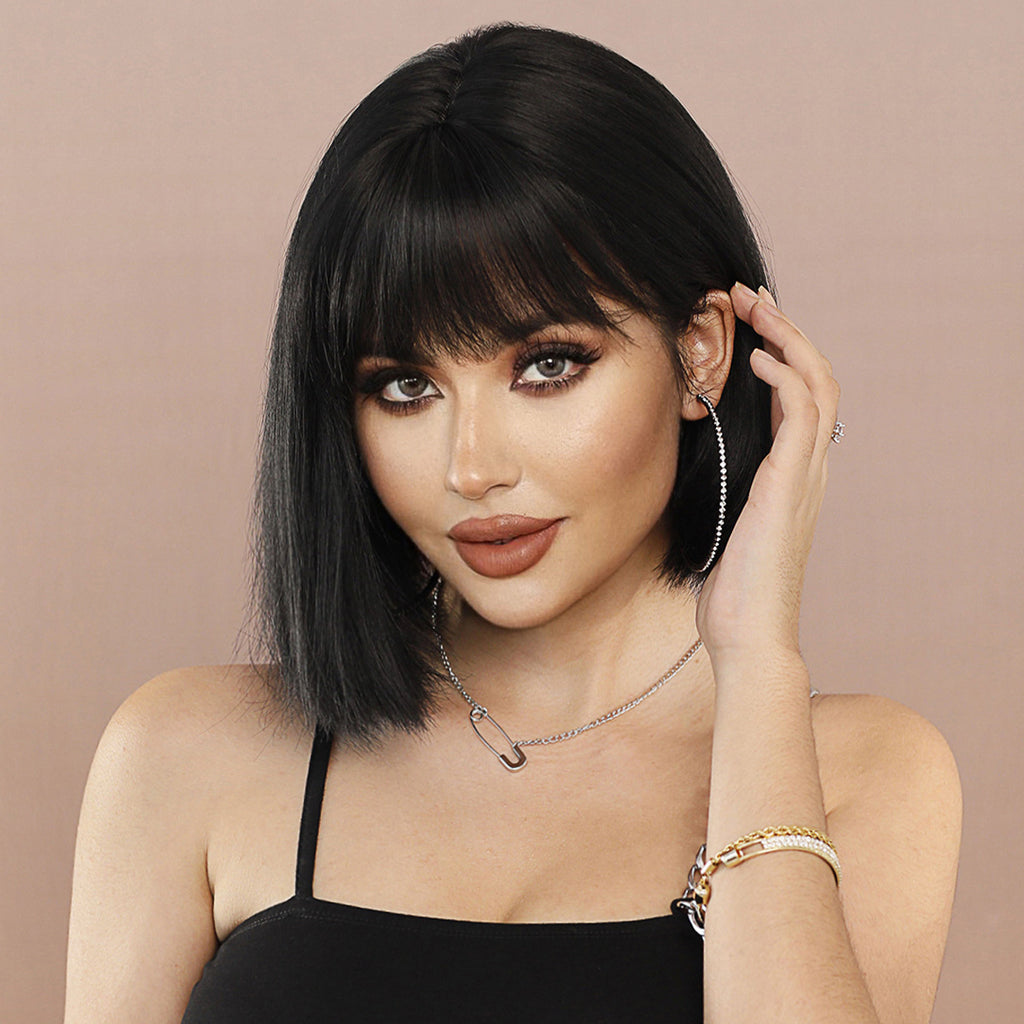 Tan Yaki Black Bob Wig - Street Fashion (Straight Short with Bangs) (FEVERCOS)