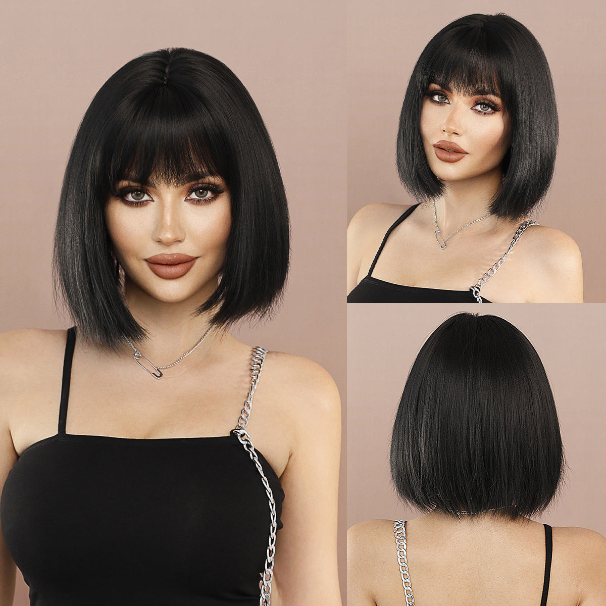 Black Yaki Black Bob Wig - Street Fashion (Straight Short with Bangs) (FEVERCOS)