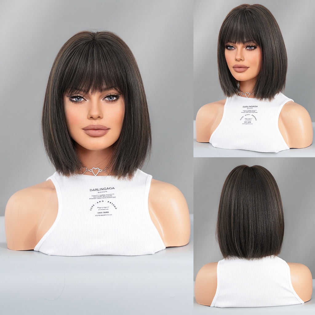 Dark Gray Yaki Black Bob Wig - Street Fashion (Straight Short with Bangs) (FEVERCOS)