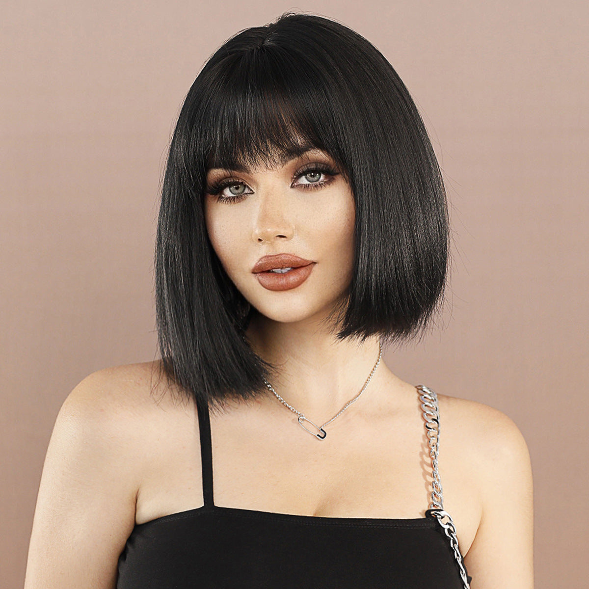 Tan Yaki Black Bob Wig - Street Fashion (Straight Short with Bangs) (FEVERCOS)