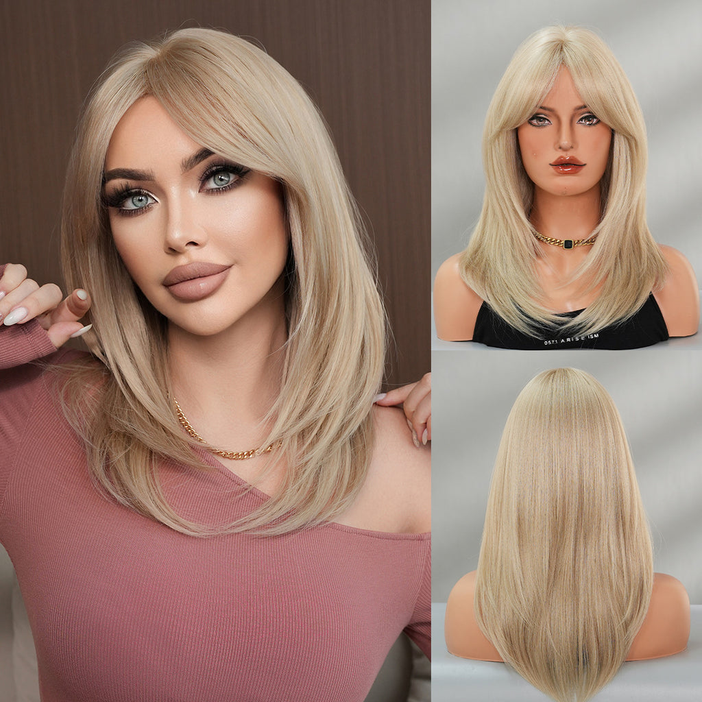 Dark Olive Green Light Ash Blonde Straight Lob - Urban Fashion (Curtain Bangs Layered) (FEVERCOS)