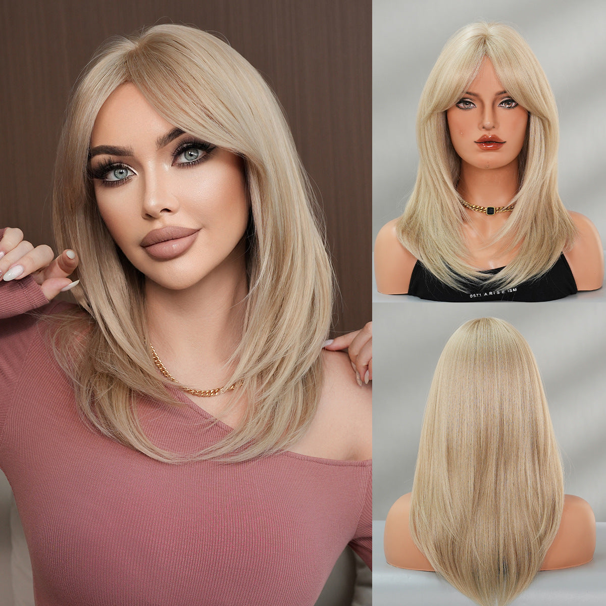 Dark Olive Green Light Ash Blonde Straight Lob - Urban Fashion (Curtain Bangs Layered) (FEVERCOS)