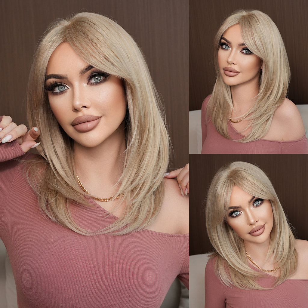 Dark Slate Gray Light Ash Blonde Straight Lob - Urban Fashion (Curtain Bangs Layered) (FEVERCOS)