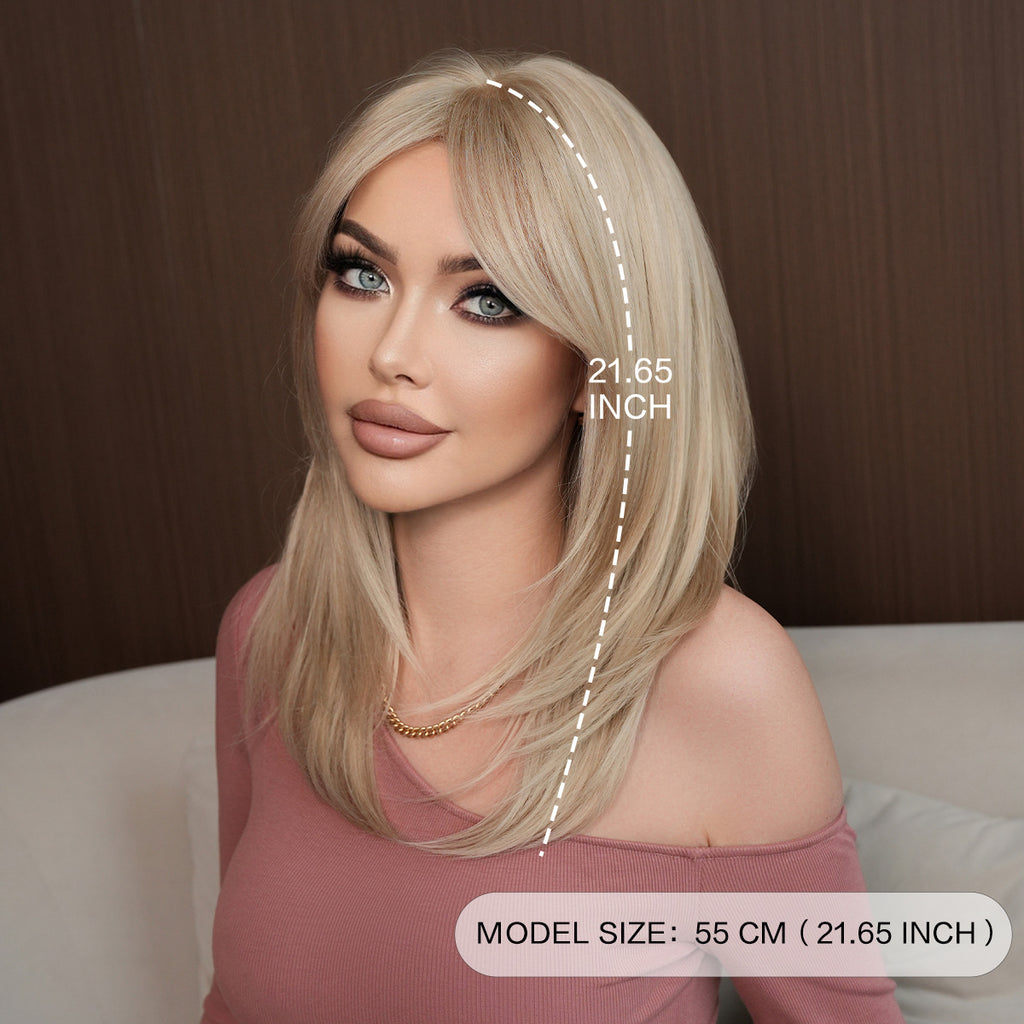 Dark Slate Gray Light Ash Blonde Straight Lob - Urban Fashion (Curtain Bangs Layered) (FEVERCOS)