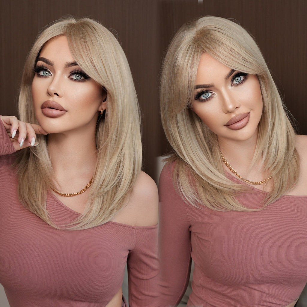 Dark Slate Gray Light Ash Blonde Straight Lob - Urban Fashion (Curtain Bangs Layered) (FEVERCOS)