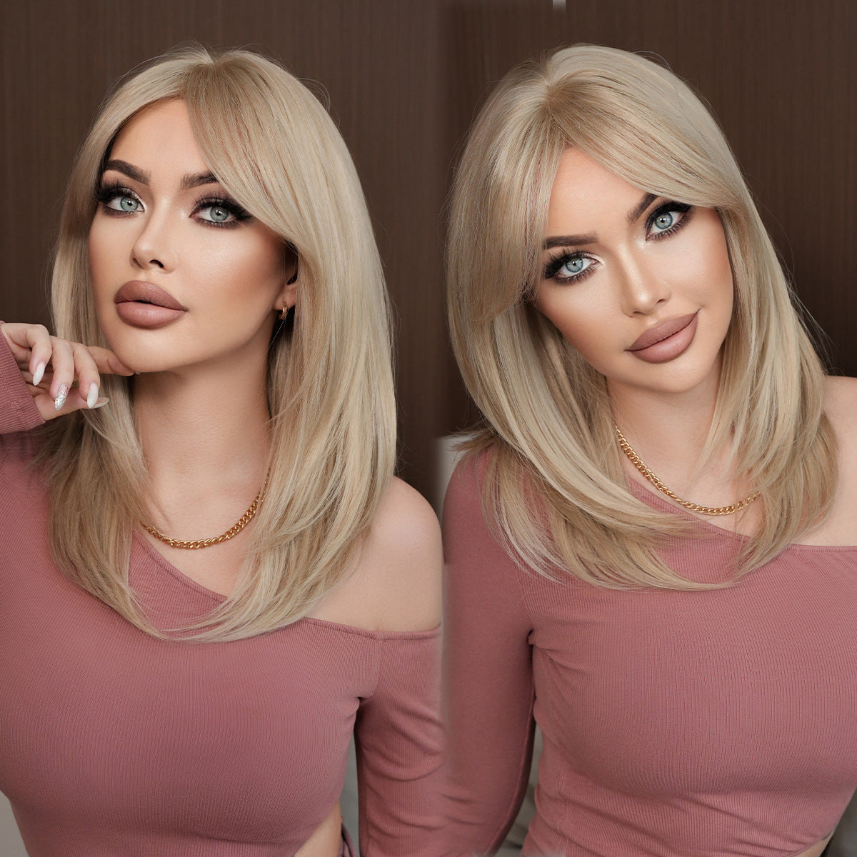 Dark Slate Gray Light Ash Blonde Straight Lob - Urban Fashion (Curtain Bangs Layered) (FEVERCOS)
