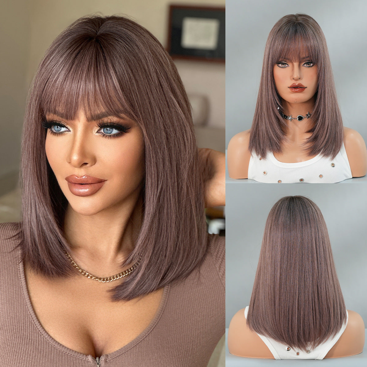 Dark Olive Green Pink Purple Straight Lob Wig - Subculture Fashion (Collarbone Layers) (FEVERCOS)