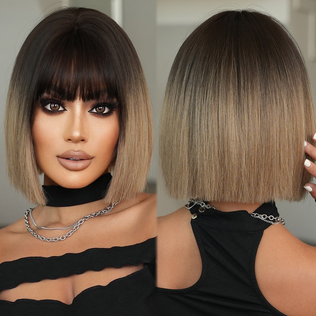 Black White Tea Gradient Bob Wig - Everyday Fashion (Face Framing Bangs) (FEVERCOS)