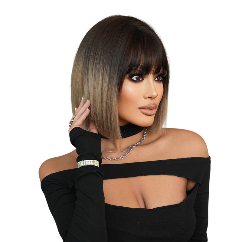 White Smoke White Tea Gradient Bob Wig - Everyday Fashion (Face Framing Bangs) (FEVERCOS)