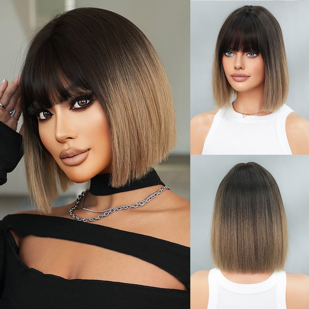 Black White Tea Gradient Bob Wig - Everyday Fashion (Face Framing Bangs) (FEVERCOS)