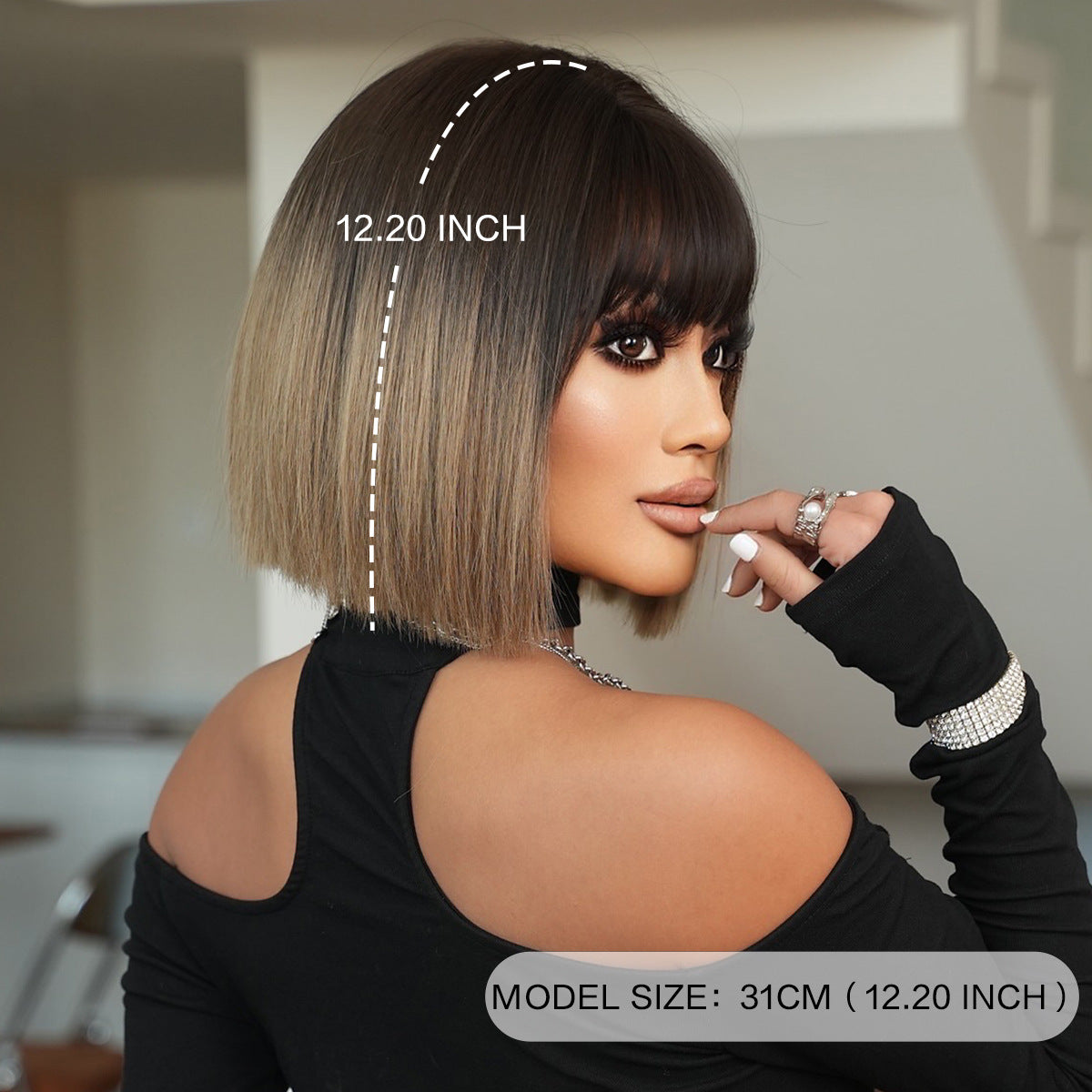 Black White Tea Gradient Bob Wig - Everyday Fashion (Face Framing Bangs) (FEVERCOS)