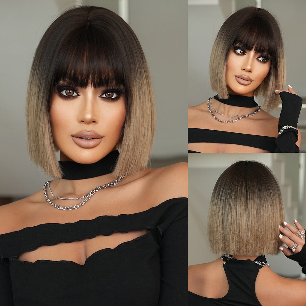 Black White Tea Gradient Bob Wig - Everyday Fashion (Face Framing Bangs) (FEVERCOS)