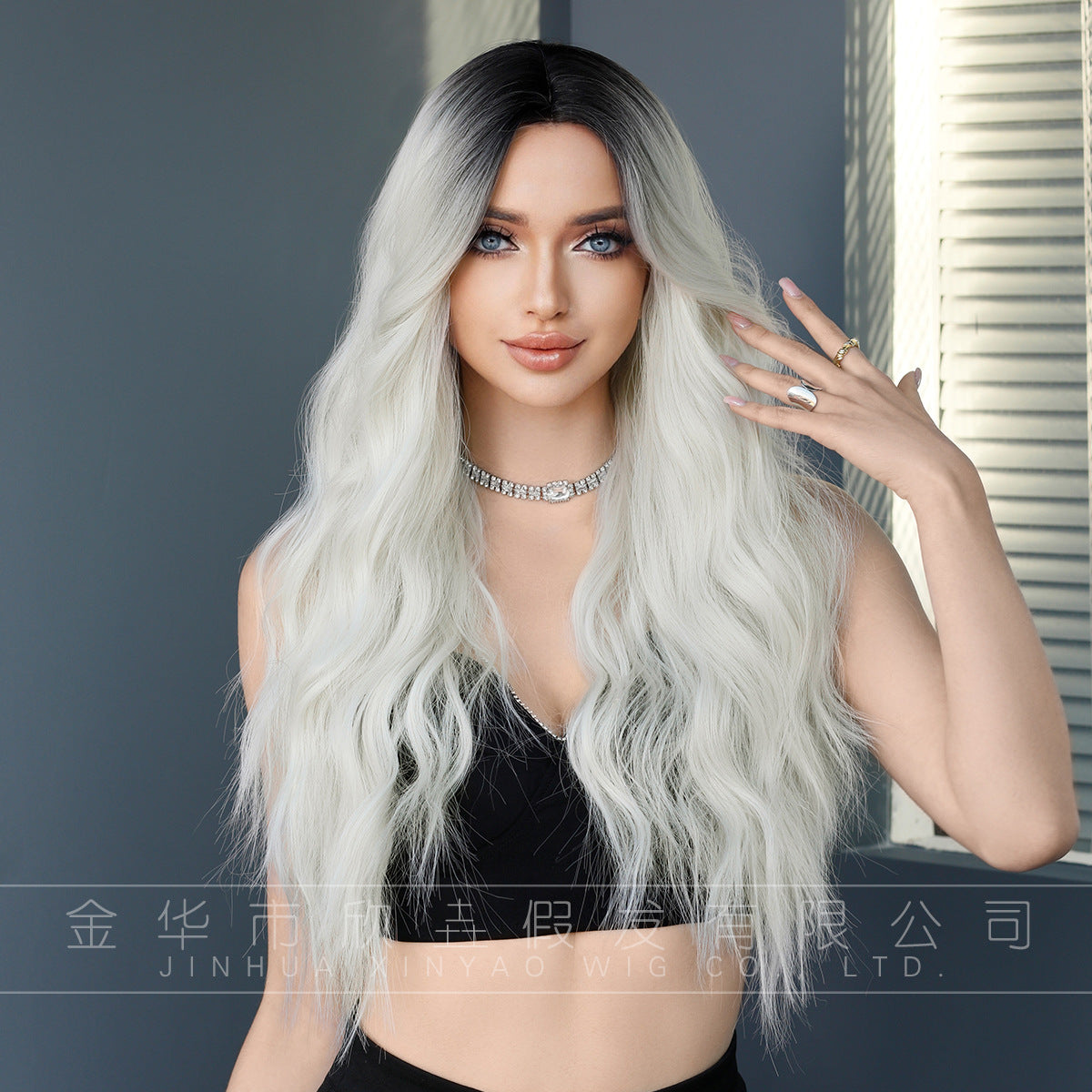 Dark Slate Gray Silver White Gradient Lace Wig - Elite Lace Fronts (Middle Part Wavy) (FEVERCOS)