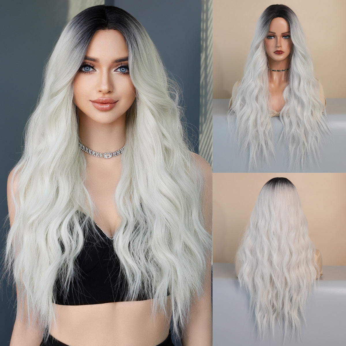 Dark Gray Silver White Gradient Lace Wig - Elite Lace Fronts (Middle Part Wavy) (FEVERCOS)