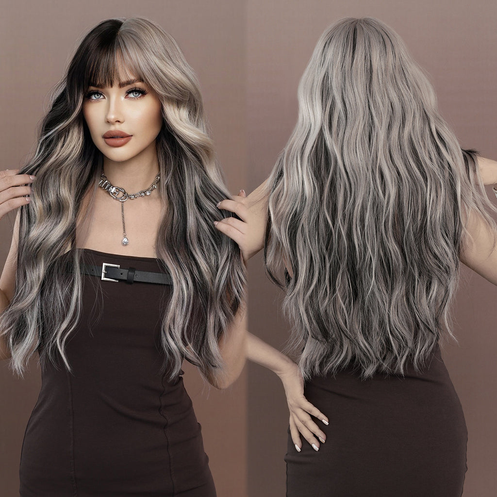 Black Ash Grey Wavy Wig with Bangs - Street Fashion (Silver Highlights) (FEVERCOS)