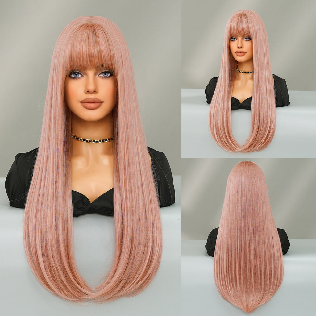 Dark Gray Mocha Brown Layered Straight Wig - Everyday Fashion (Inward Curve Bangs) (FEVERCOS)