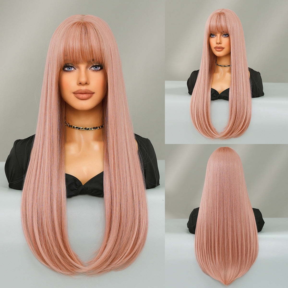 Dark Gray Mocha Brown Layered Straight Wig - Everyday Fashion (Inward Curve Bangs) (FEVERCOS)