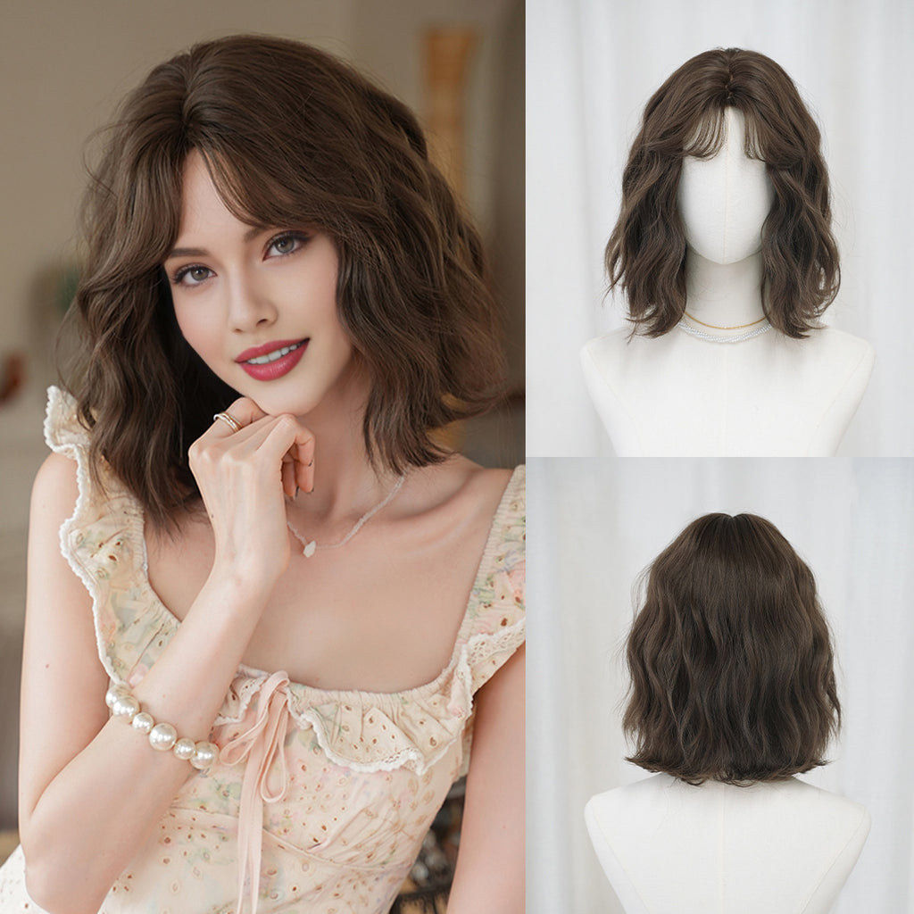 Light Gray Egg Roll Water Wave Bob Wig - Everyday Fashion (Short Curtain Bangs) (FEVERCOS)