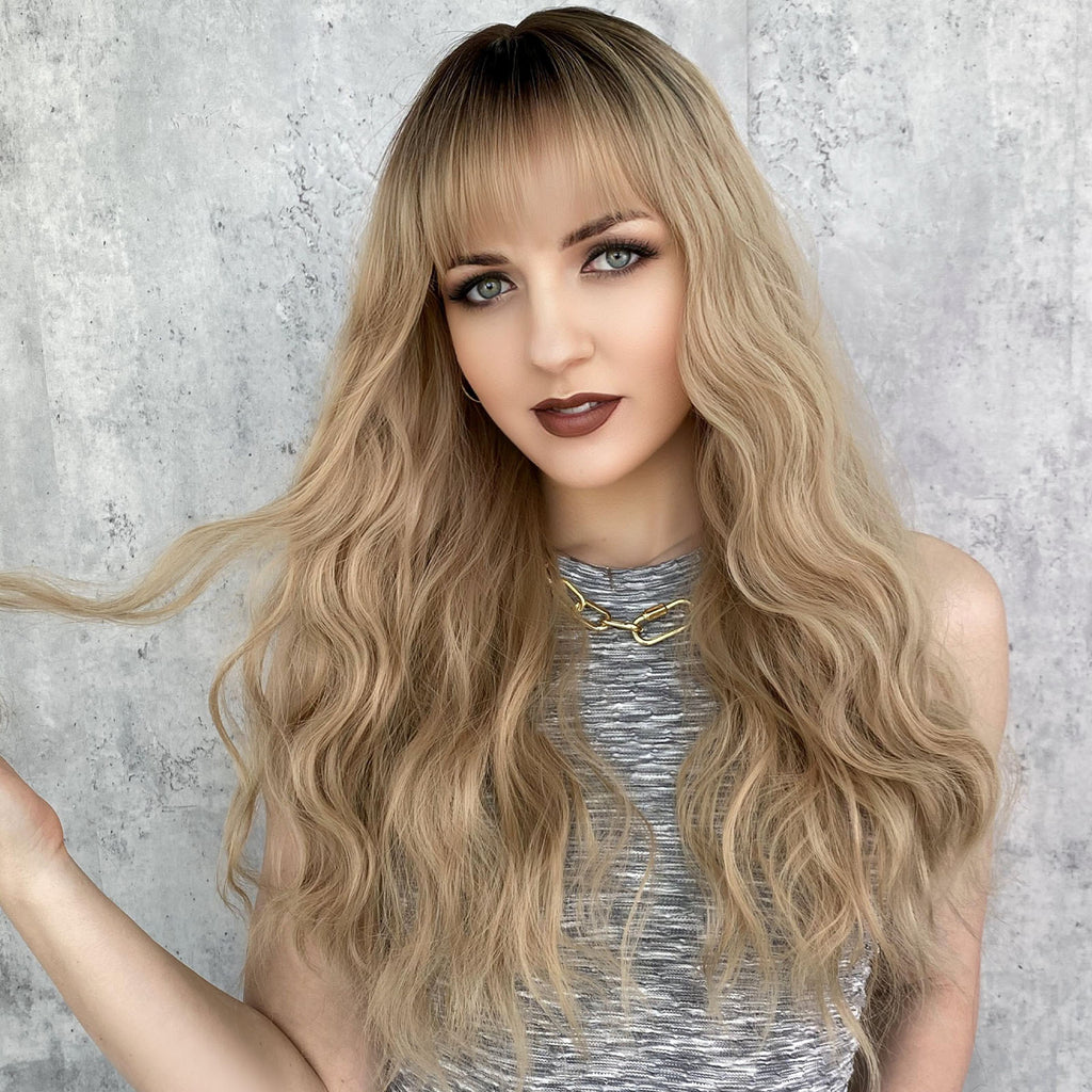 Light Gray 26-Inch Dark Blonde Wavy Wig - Everyday Fashion (Long Rose Net) (FEVERCOS)