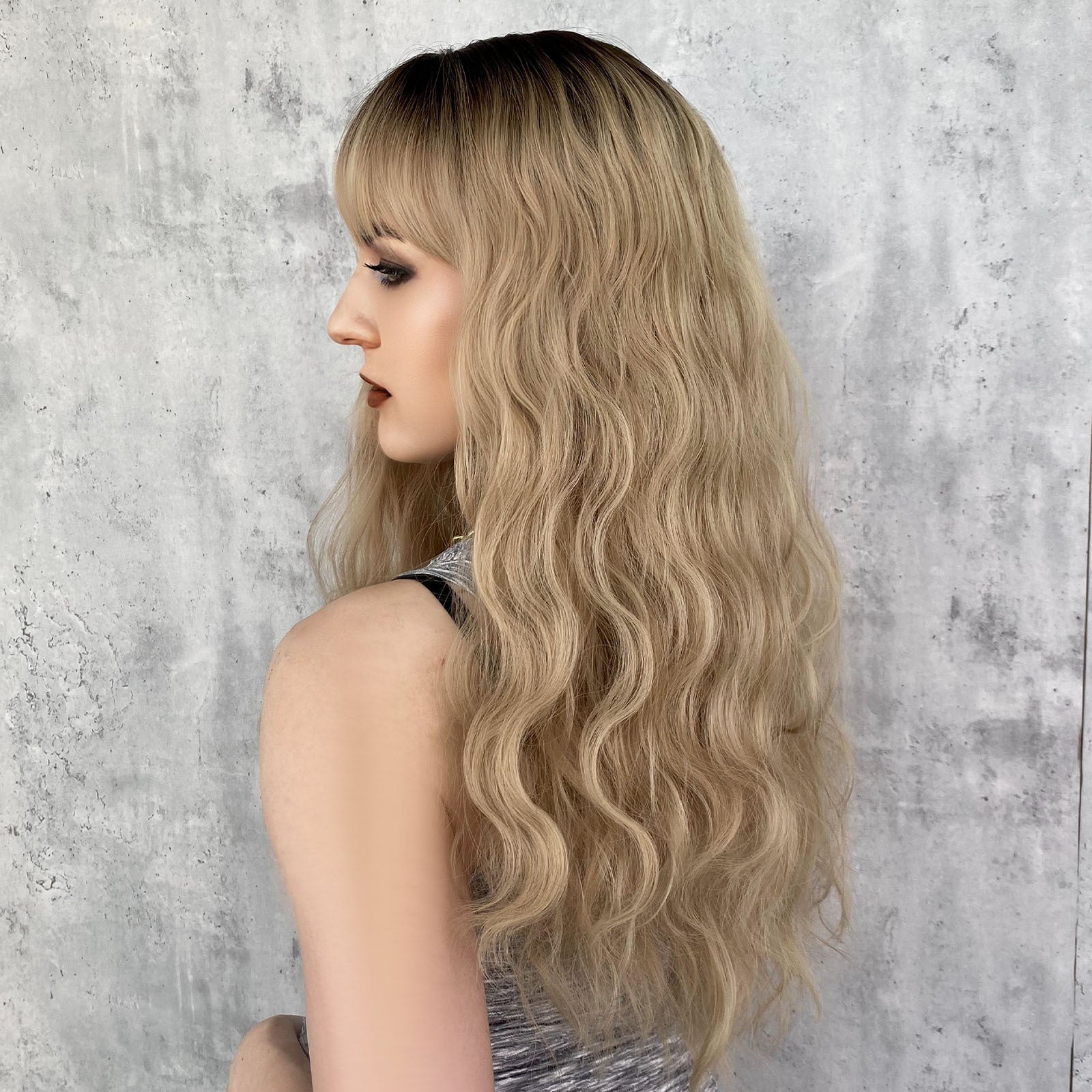 Gray 26-Inch Dark Blonde Wavy Wig - Everyday Fashion (Long Rose Net) (FEVERCOS)