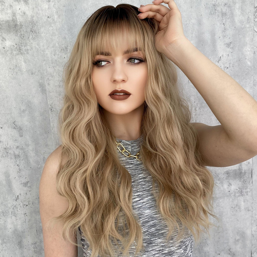 Gray 26-Inch Dark Blonde Wavy Wig - Everyday Fashion (Long Rose Net) (FEVERCOS)