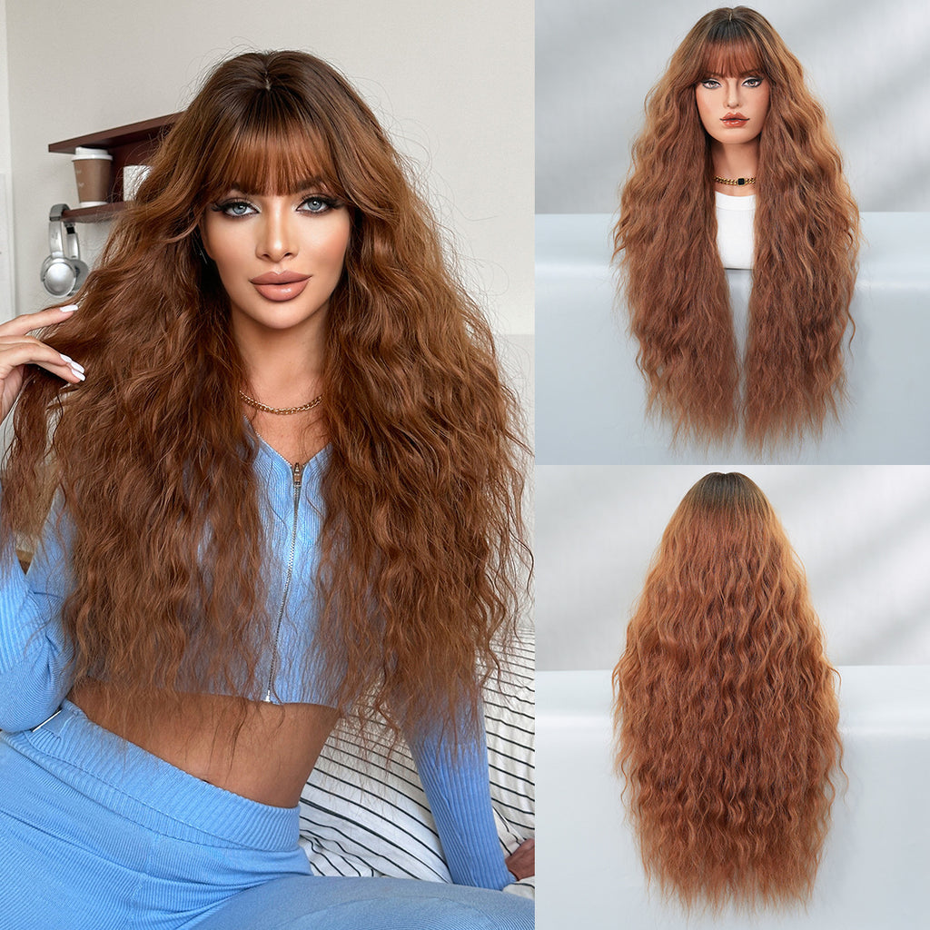 Light Gray Natural Mocha Brown Wavy Wig - Everyday Fashion (Long Curls Bangs) (FEVERCOS)