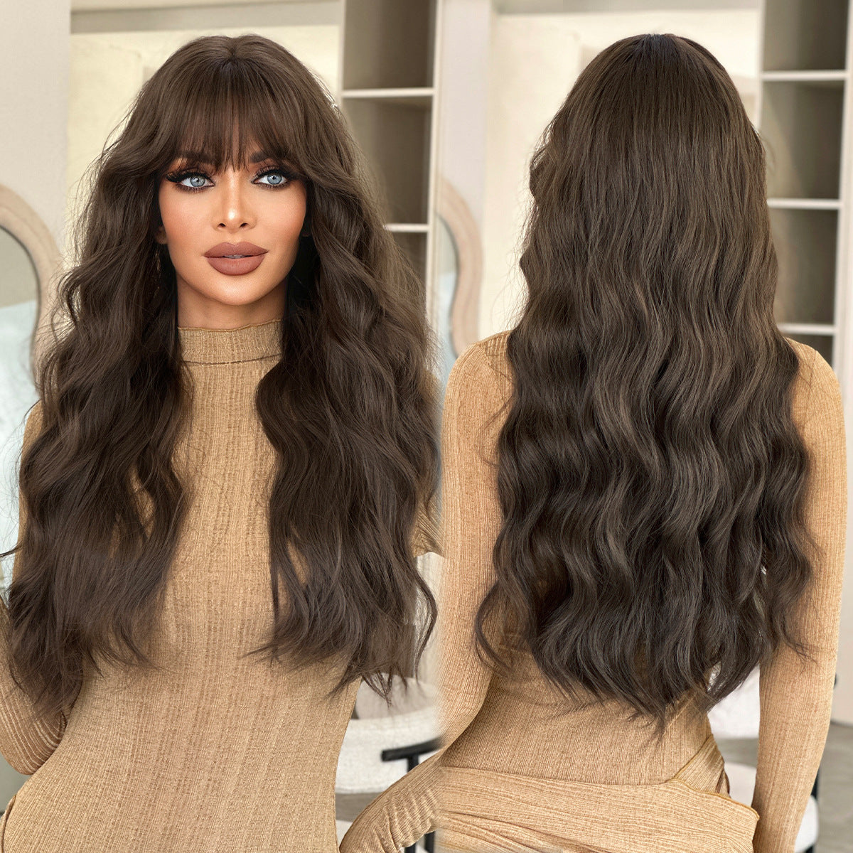 Dark Slate Gray Natural Mocha Brown Wavy Wig - Everyday Fashion (Long Curls Bangs) (FEVERCOS)