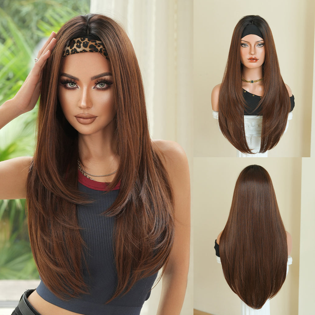 Light Gray Golden Brown Headband Wig - Street Fashion (Layered Straight) (FEVERCOS)