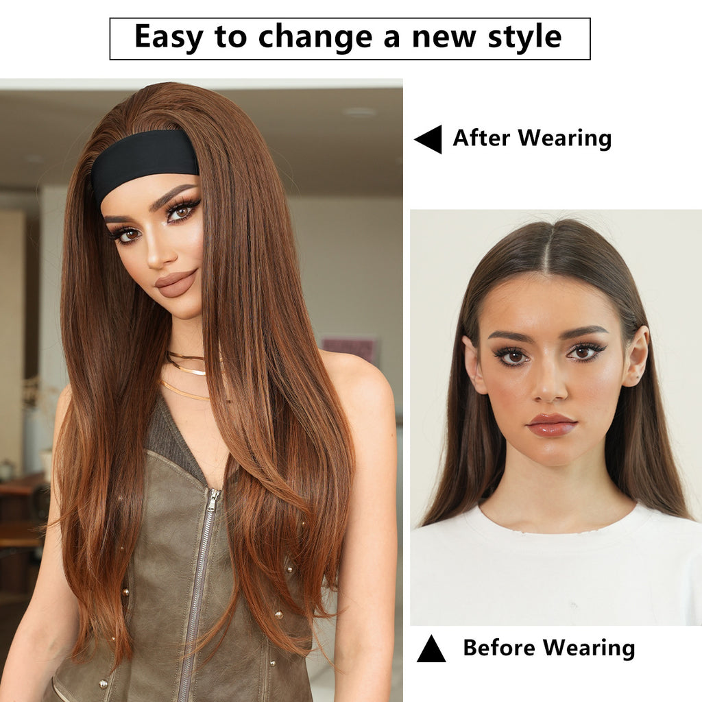 White Smoke Golden Brown Headband Wig - Street Fashion (Layered Straight) (FEVERCOS)